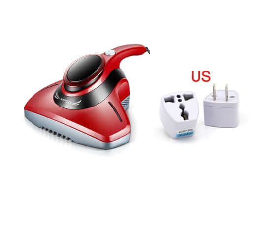 Red handheld vacuum cleaner with US plug adapters for kitchen cleaning