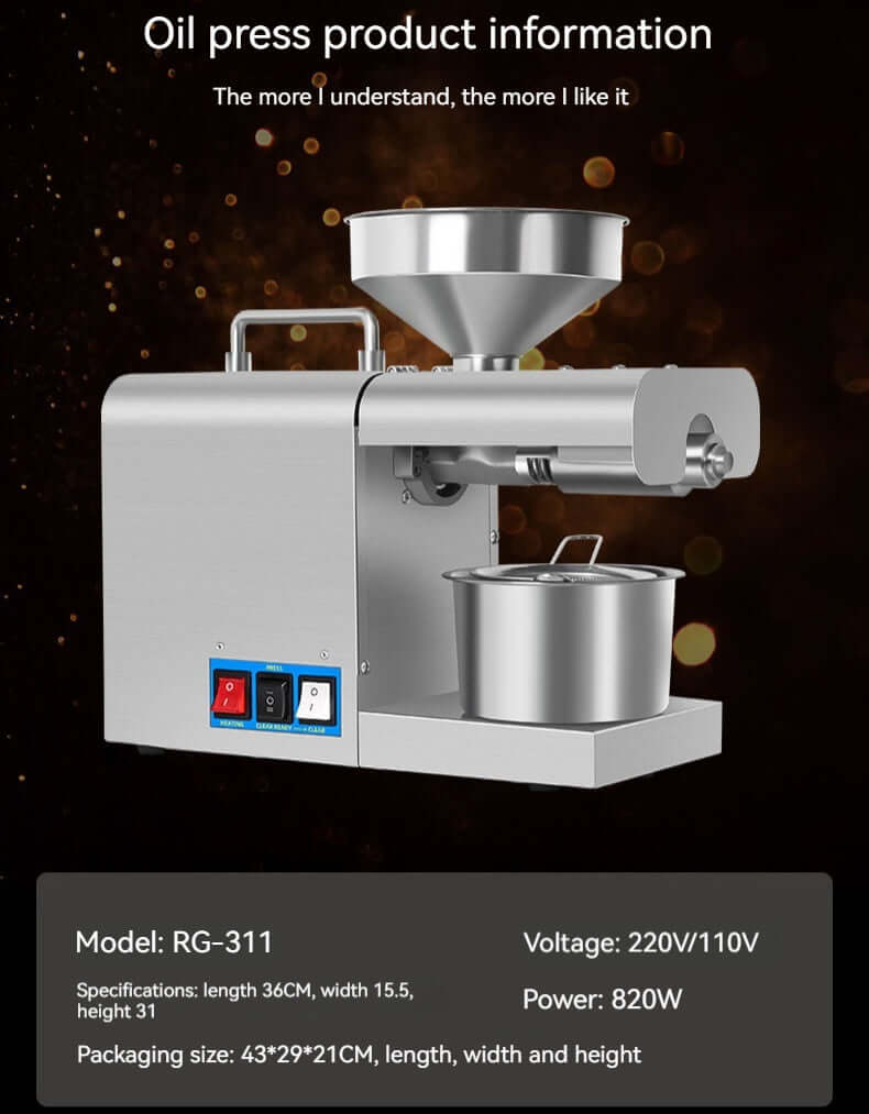 Stainless steel electric oil press machine with funnel, control switches, and collection pot.