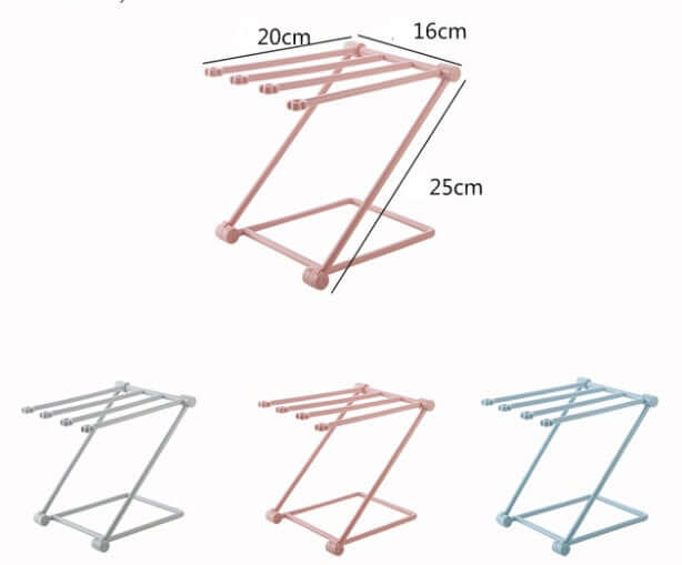 Metal kitchen rack in pink, silver, and blue, with dimensions shown for utensil or lid storage