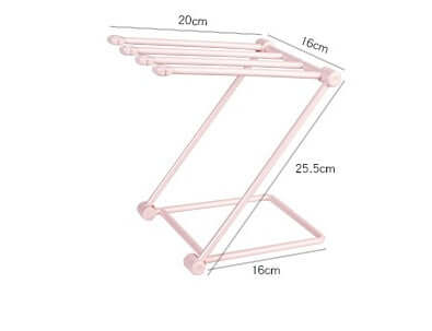 Pink kitchen rack stand with angled bars, measurements shown for countertop organization