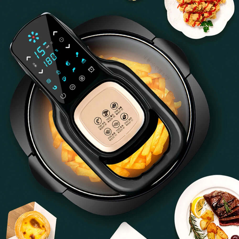 Digital air fryer with touchscreen controls cooking French fries, surrounded by plated food.