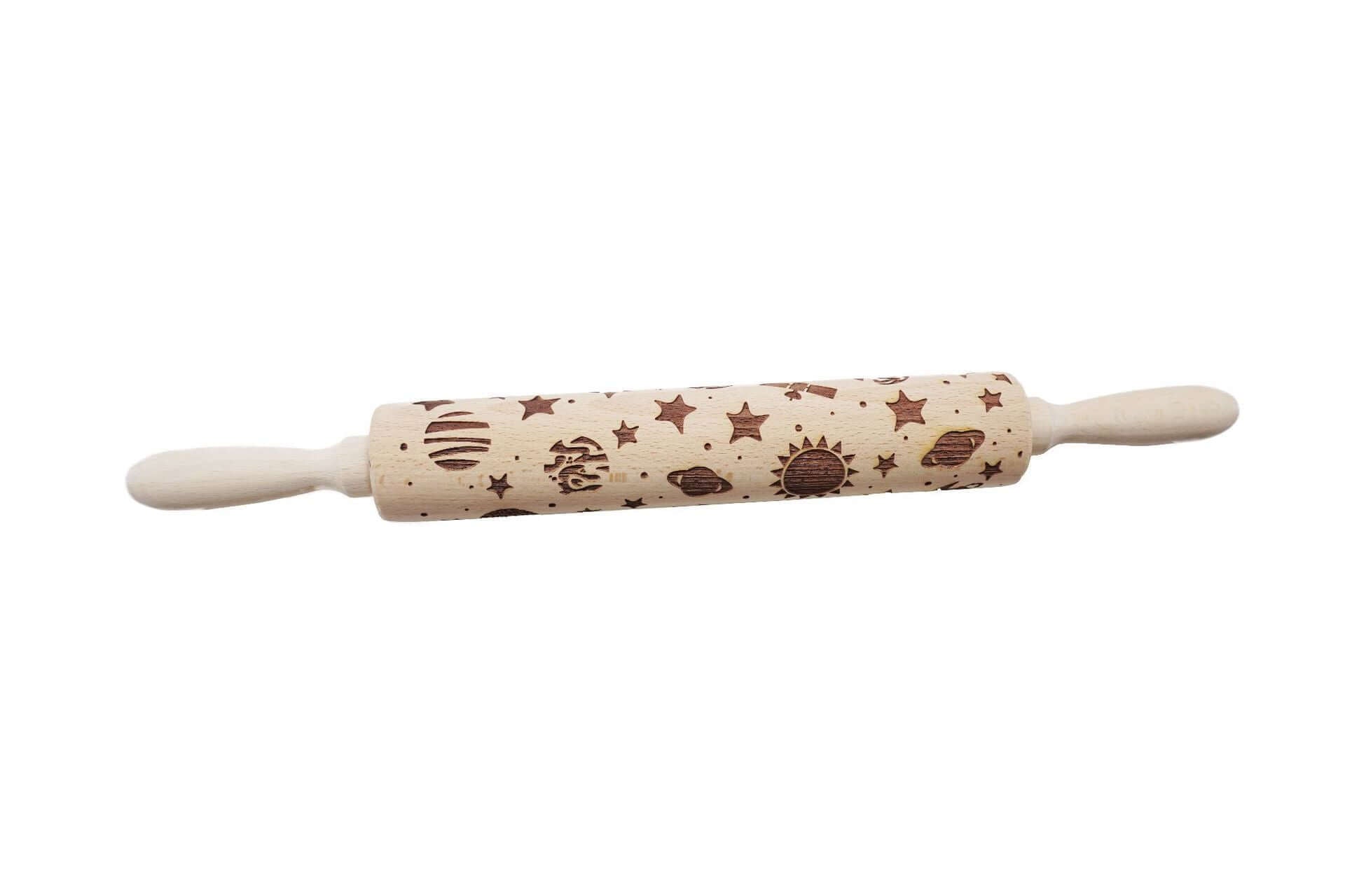Wooden rolling pin with engraved space and planet designs, kitchen baking accessory