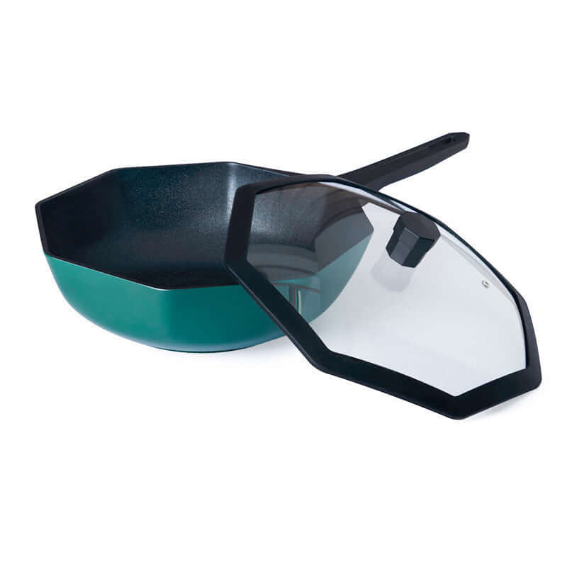 Nonstick green geometric frying pan with matching glass lid, modern kitchen cookware