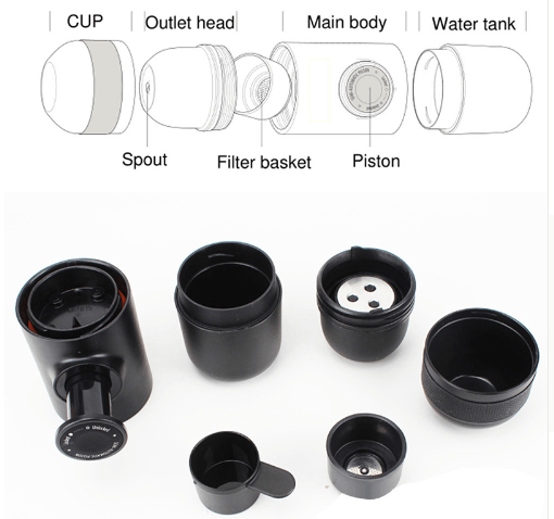 Portable manual espresso maker parts including cup, spout, filter basket, piston, and water tank