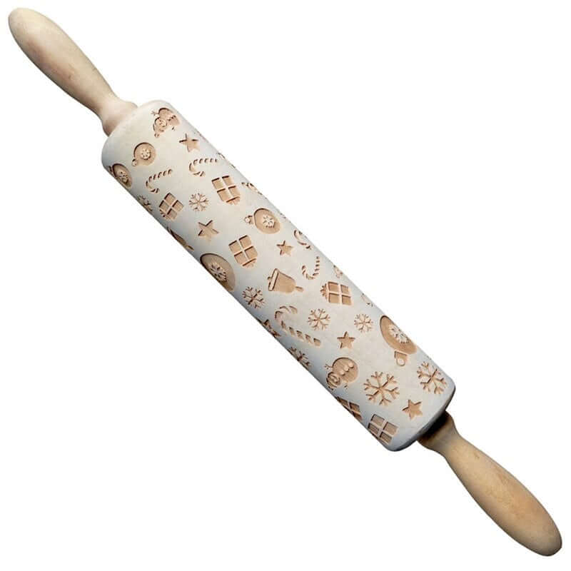 Embossed wooden rolling pin with festive holiday patterns for baking cookies