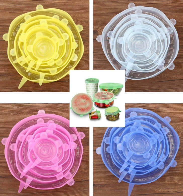 Colorful silicone stretch lids in yellow, clear, pink, and blue for food storage containers