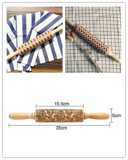 Wooden embossed rolling pins with decorative patterns, measured at 35cm for baking.