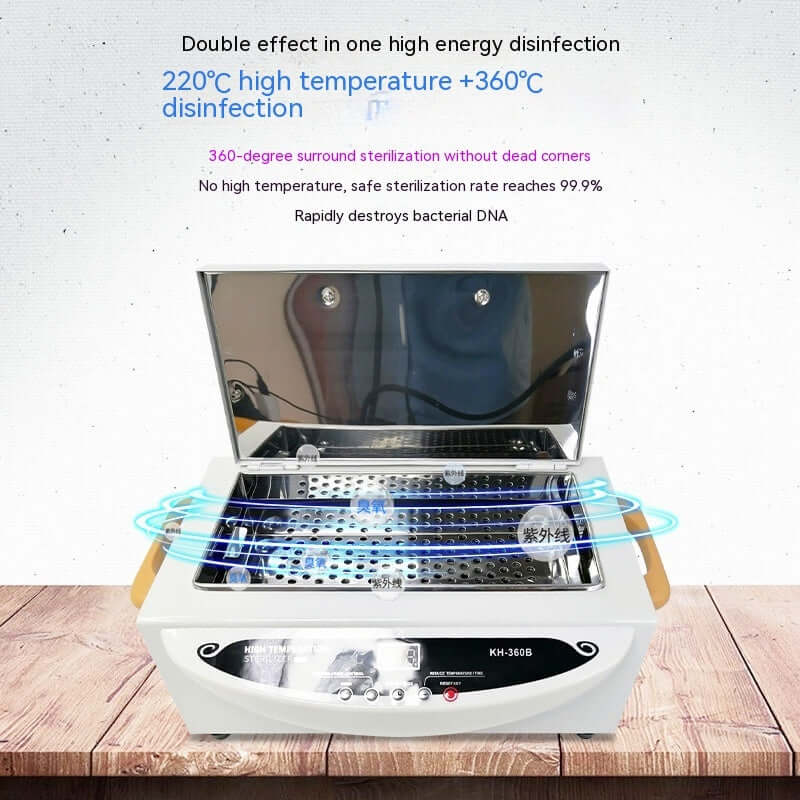 Kitchen UV sterilizer box with open lid on wood counter, disinfection and high temperature feature.