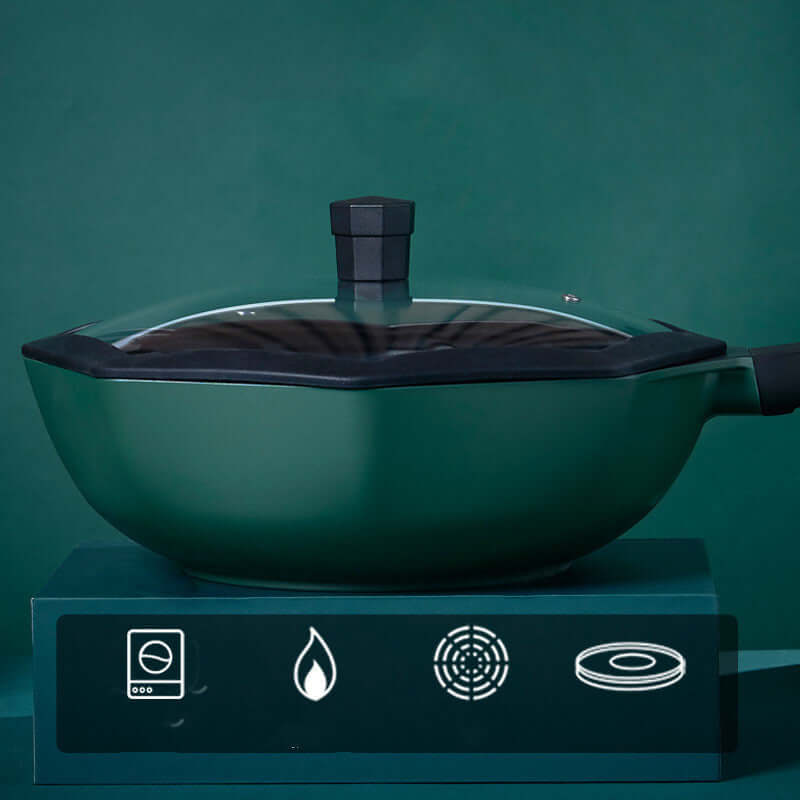 Green nonstick wok with glass lid and icons for dishwasher safe, gas, induction, and electric compatibility