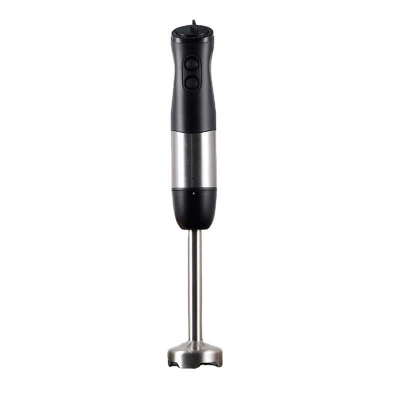 Black and silver handheld immersion blender, stainless steel stick mixer on white background