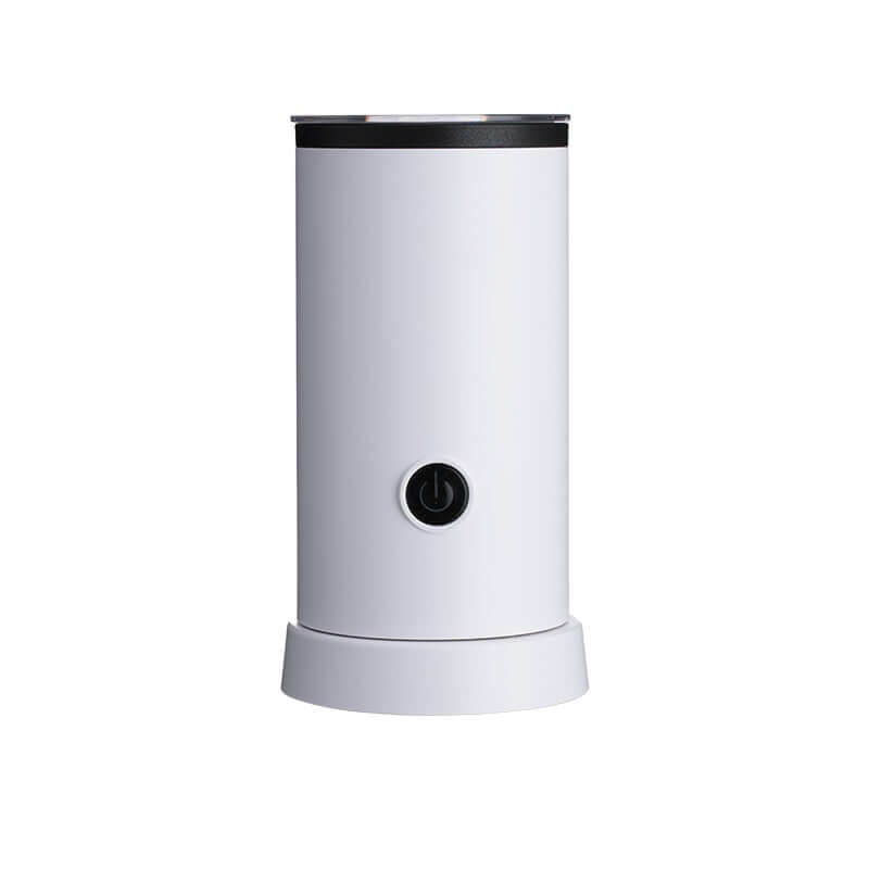 Electric milk frother with power button, modern kitchen appliance, white design
