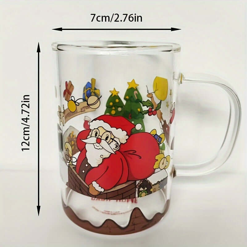 Clear glass mug with cartoon Santa, Christmas tree, reindeer, and presents, 12cm tall, 7cm wide