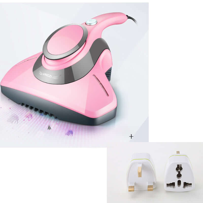 Pink handheld vacuum cleaner with power button and two universal plug adapters
