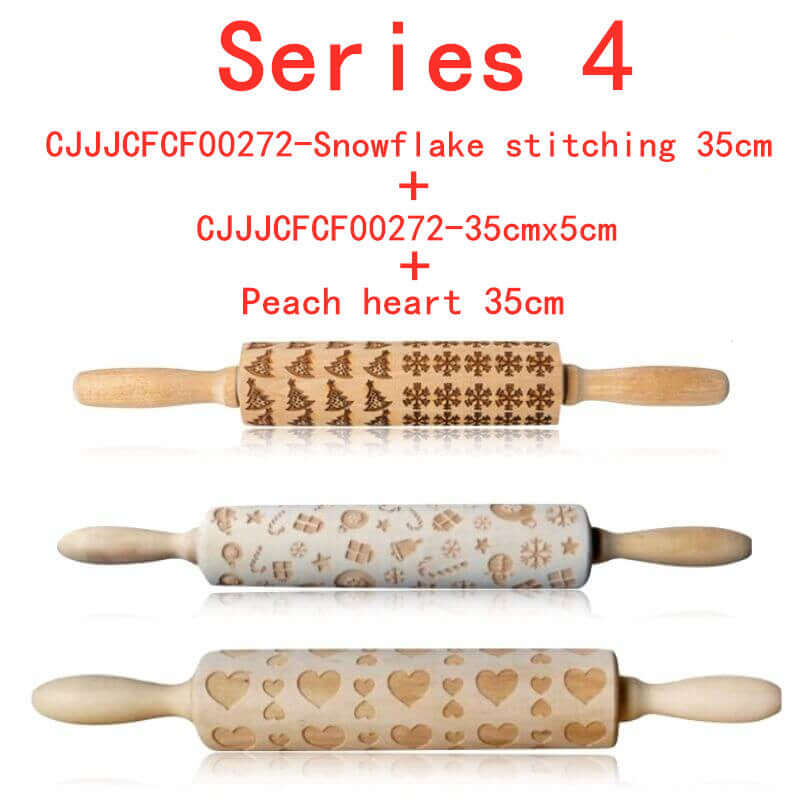 Set of three embossed wooden rolling pins with snowflake, holiday, and heart patterns