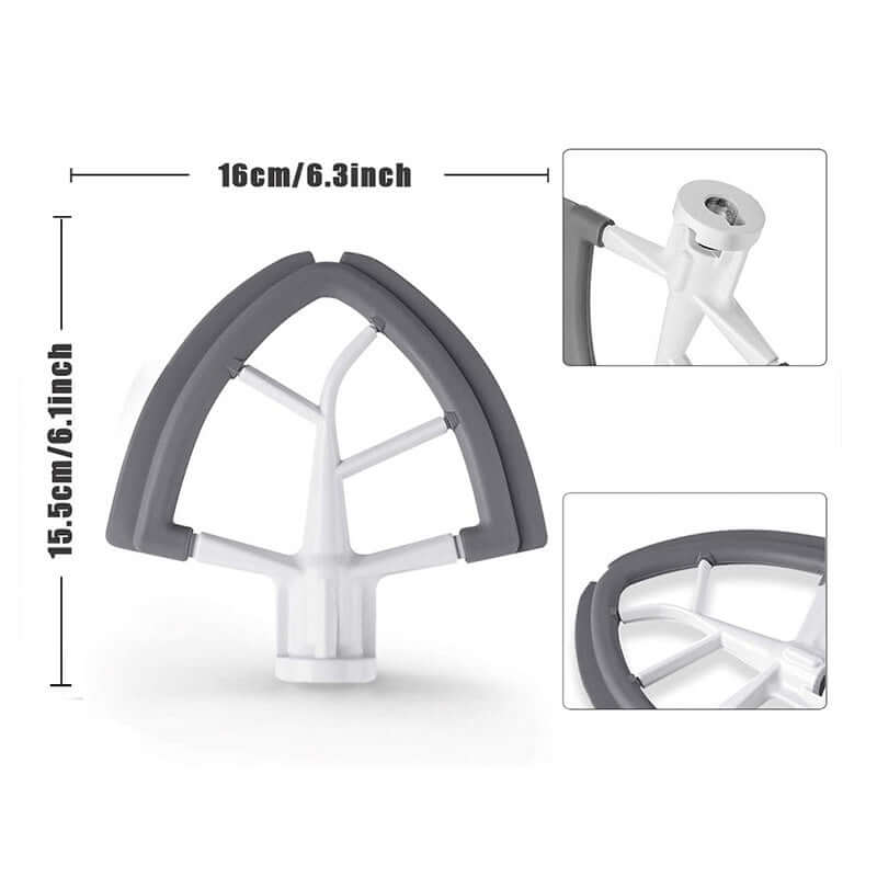 White and gray kitchen mixer paddle attachment with silicone edges, 16cm x 15.5cm, close-up details.