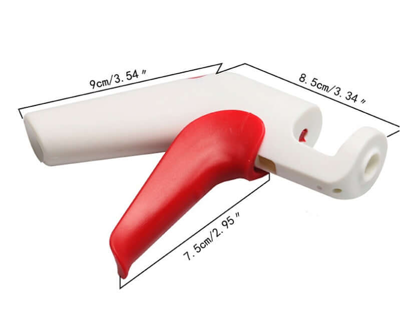 Red and white plastic kitchen jar opener with labeled dimensions