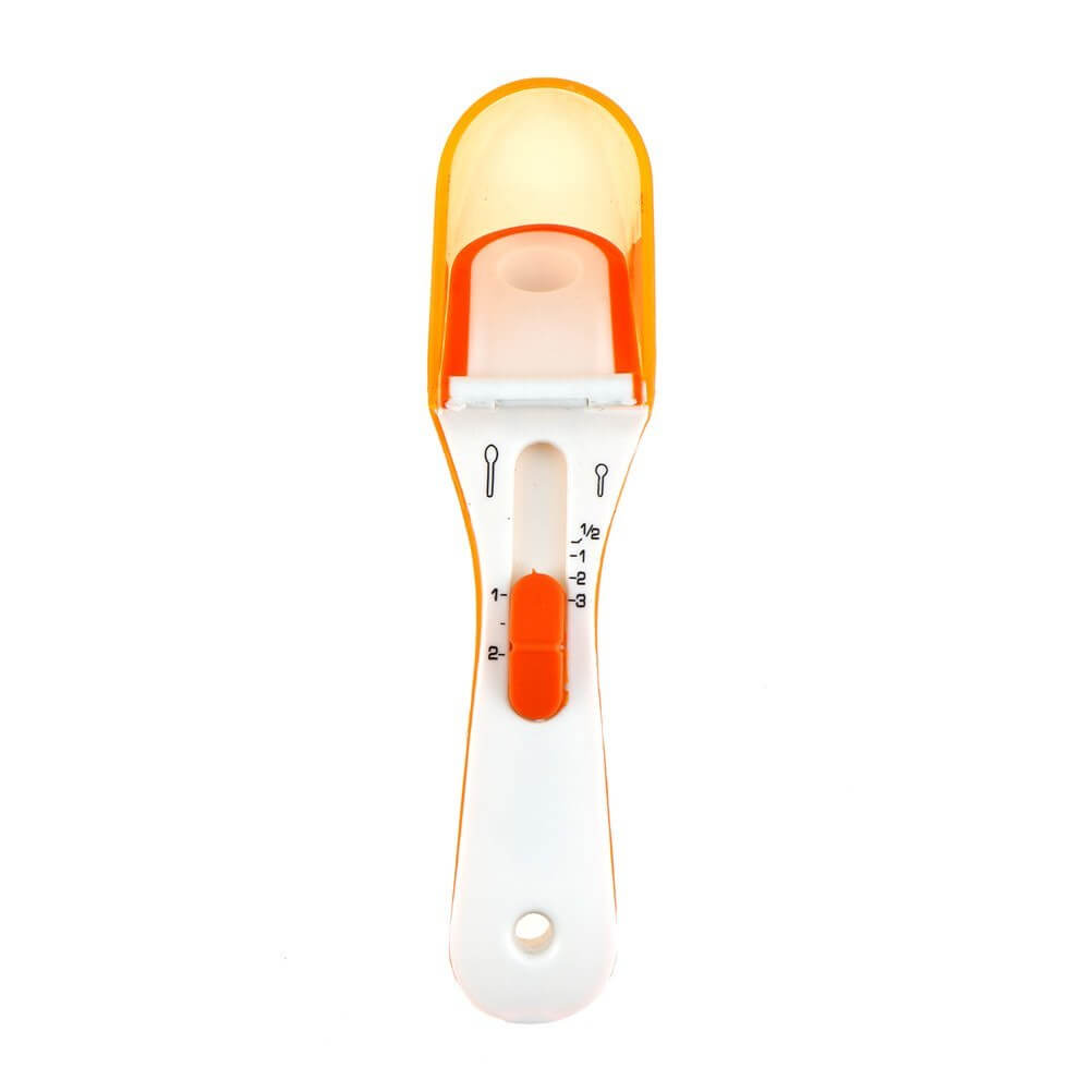 Adjustable measuring spoon with orange slider and measurement markings on white background
