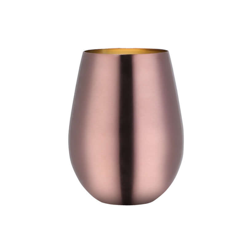 Rose gold stainless steel stemless wine glass on white background