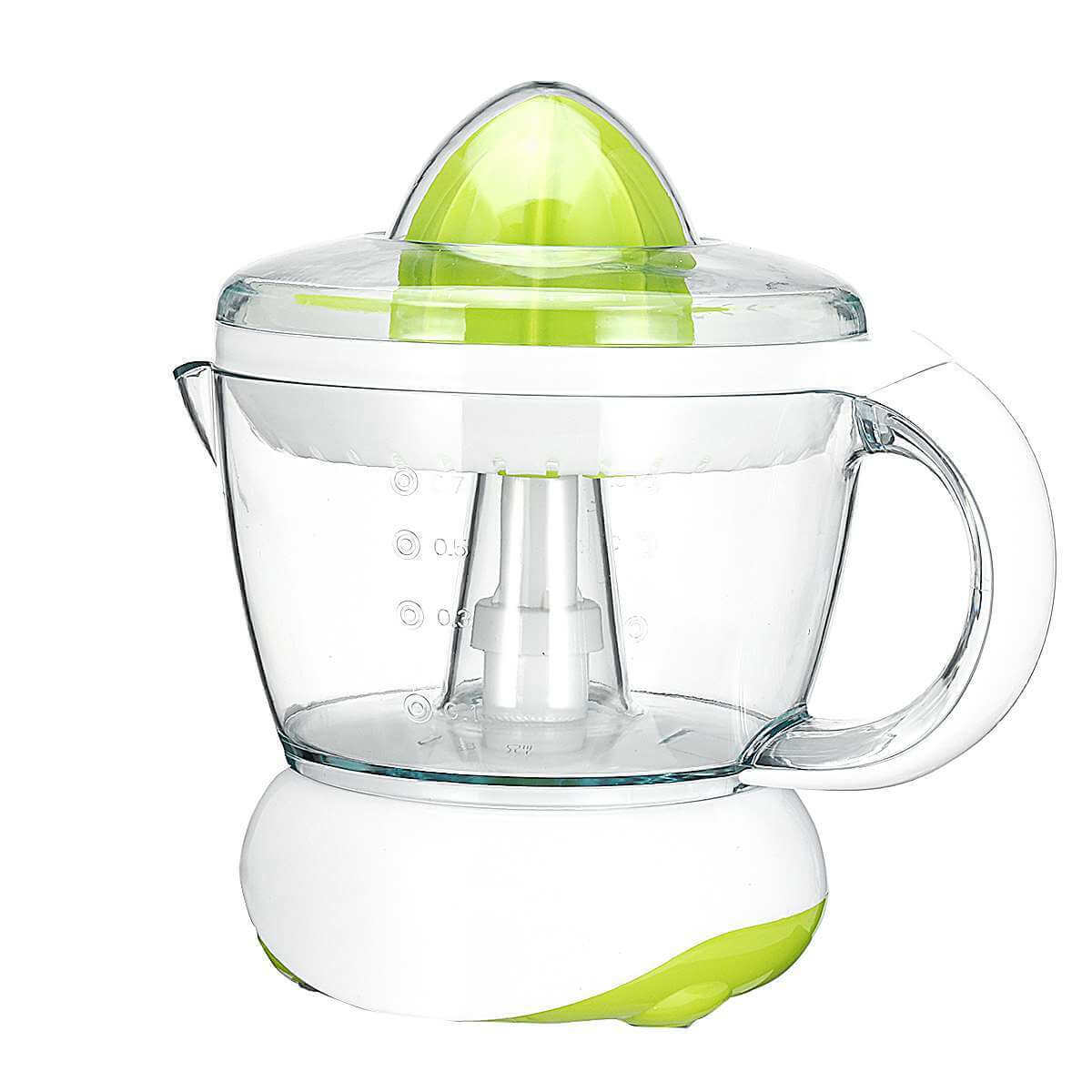 Electric citrus juicer with clear plastic container, green accent, and handle for kitchen use