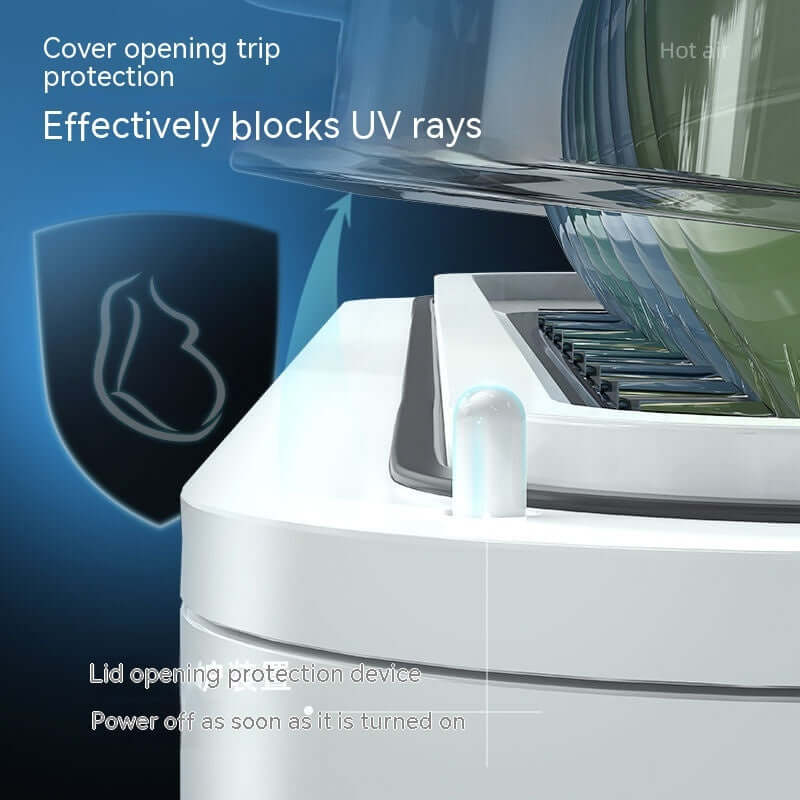 Kitchen appliance with UV blocking cover, lid opening protection and safety features