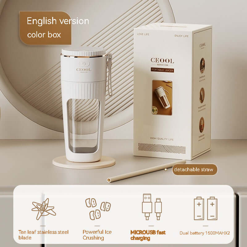 Portable electric juicer in white with detachable straw, box packaging, and charging features