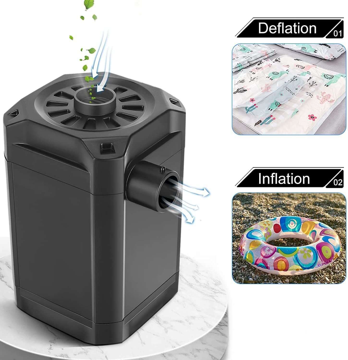 Black electric air pump for inflating pool toys and deflating vacuum storage bags