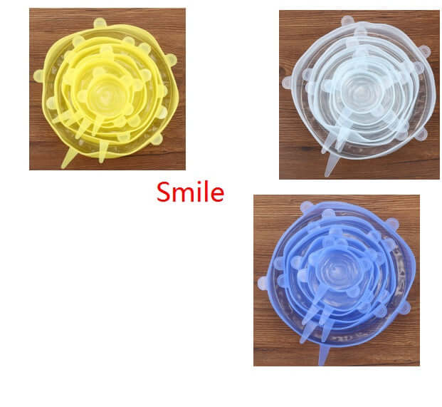 Three sets of silicone stretch lids in yellow, white, and blue on wooden background
