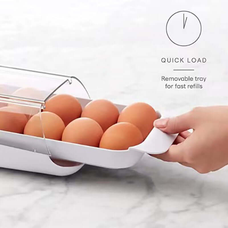 Egg storage container with clear lid and removable tray, kitchen organizer on marble counter