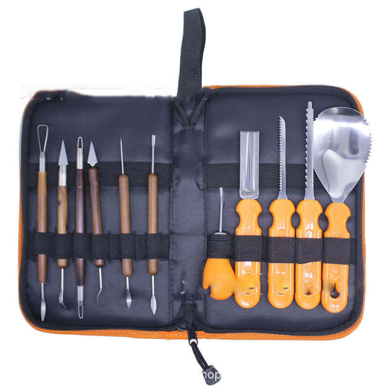 Professional fruit carving tools set with wooden and orange handles in a black zippered case.