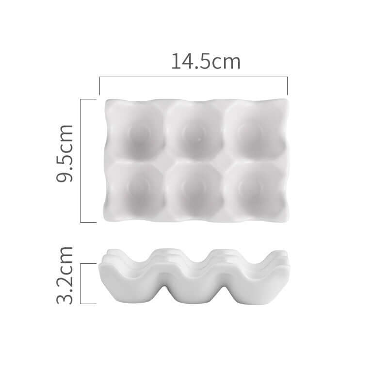 White ceramic egg holder with six slots, dimensions 14.5x9.5x3.2 cm, kitchen organizer