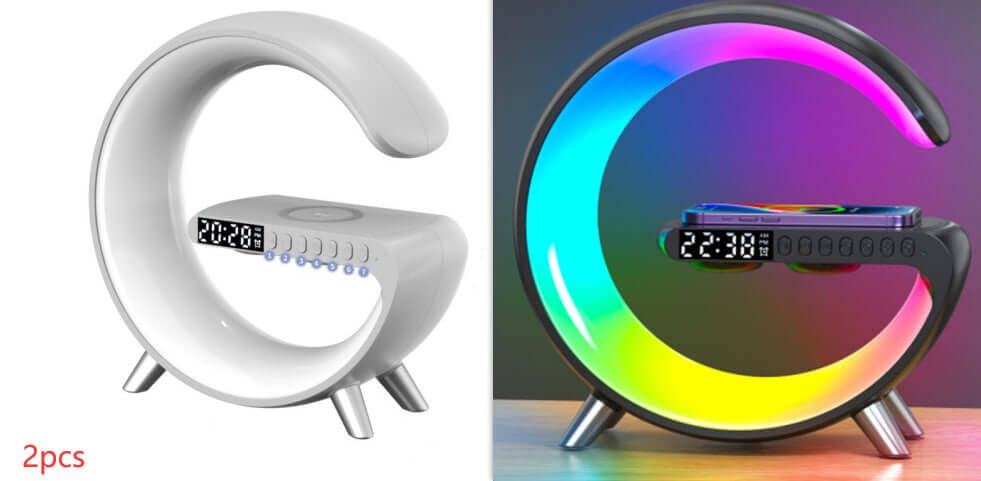 Modern LED alarm clock with wireless phone charging, digital display, and unique circular design