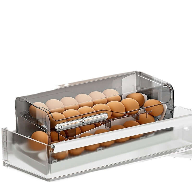 Stacked brown eggs in a clear plastic egg organizer storage container for refrigerator