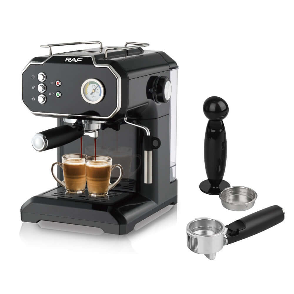 Espresso coffee machine with two cups, portafilter, tamper, and filter basket on white background