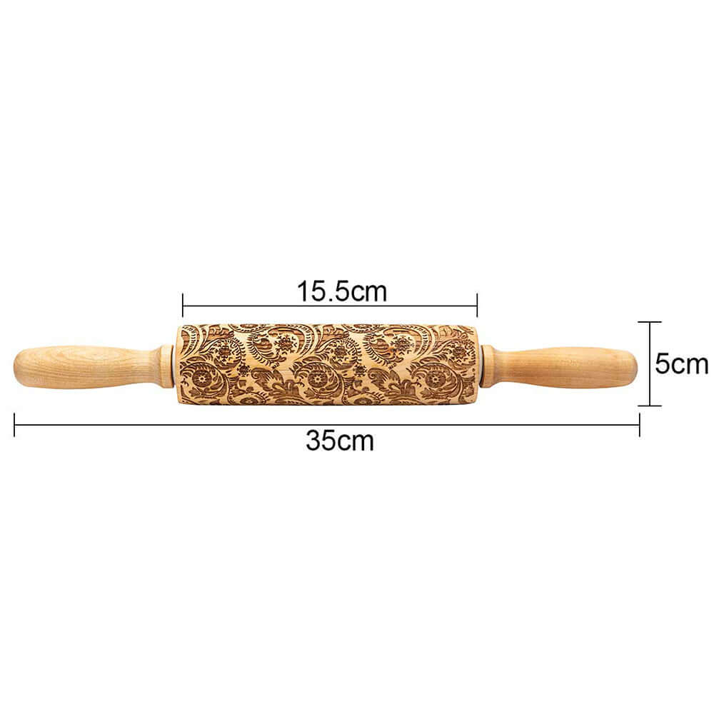 Embossed wooden rolling pin with floral pattern, 35cm length, kitchen baking tool