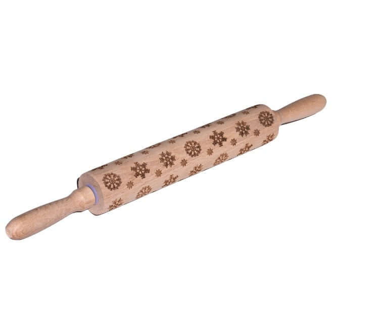 Wooden embossed rolling pin with snowflake pattern for baking and pastry decorating