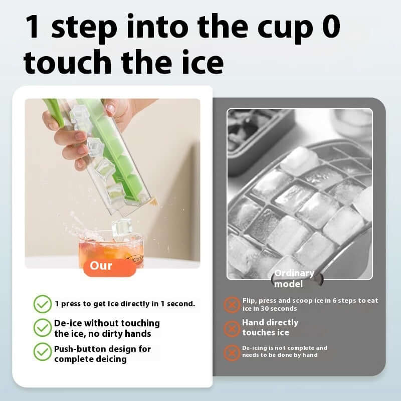 Hands using a green push-button ice cube tray to release ice into a glass, with comparison to a traditional ice tray.