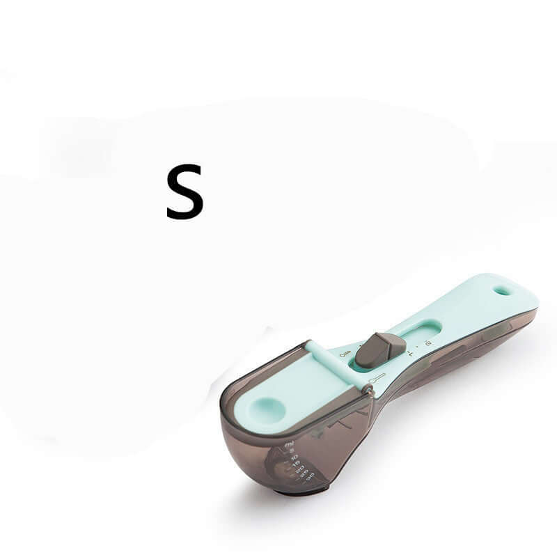 Adjustable plastic measuring spoon with sliding scale, light blue and gray, on white background