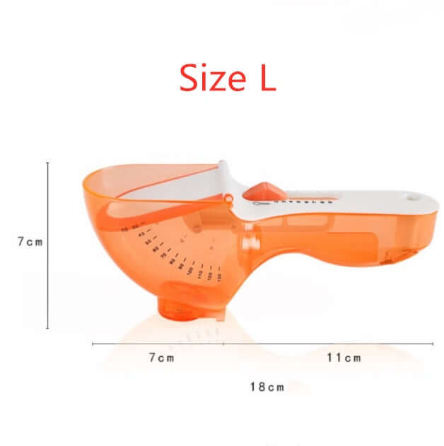 Large orange kitchen measuring cup with handle, 18cm long, 7cm high, labeled Size L