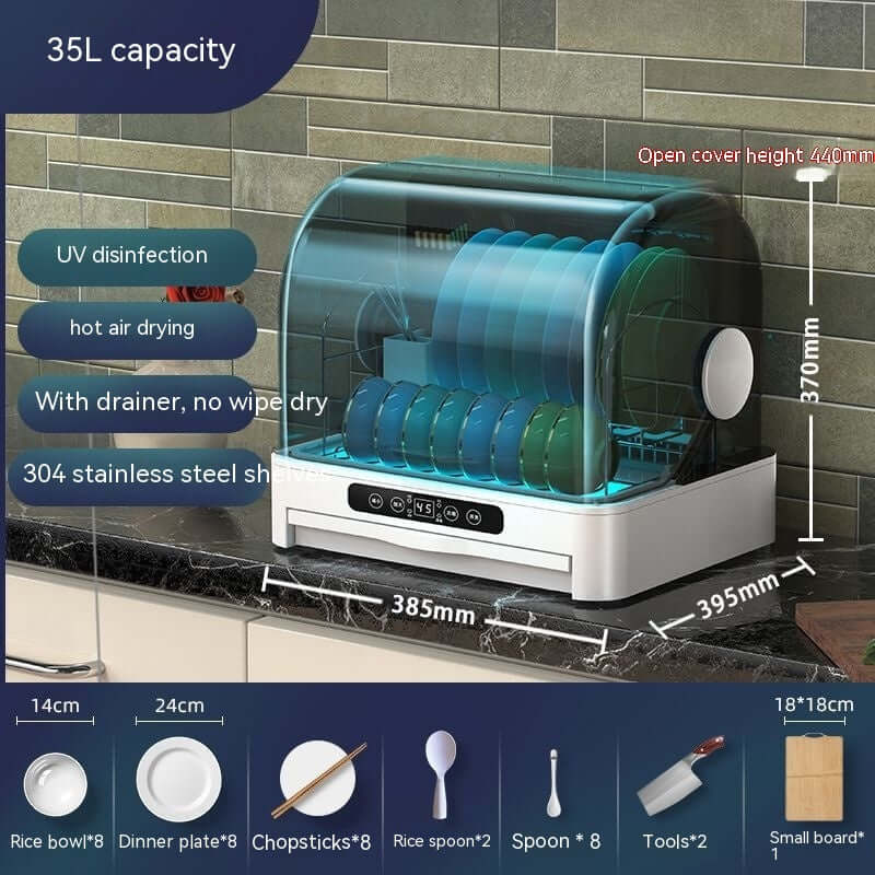 35L capacity kitchen dish sterilizer with UV disinfection, hot air drying, and stainless steel shelves on a countertop.