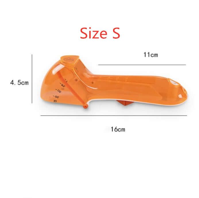 Small orange plastic kitchen tool with measurement markings, 16cm long, 4.5cm high