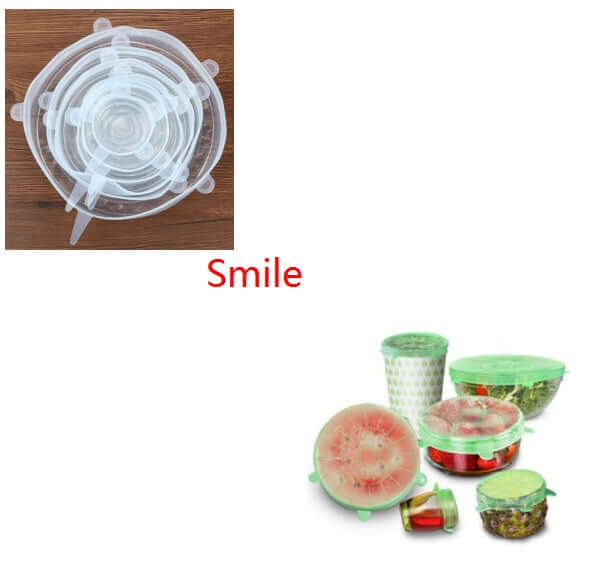 Reusable silicone stretch lids covering various kitchen containers and fruits