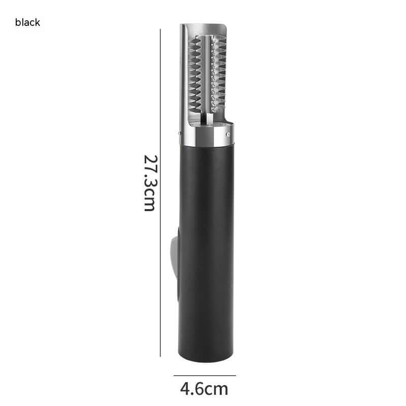 Black handheld kitchen tool with serrated blades, measuring 27.3cm by 4.6cm