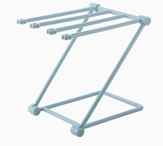 Blue plastic kitchen rack with four rods for organizing lids or plates