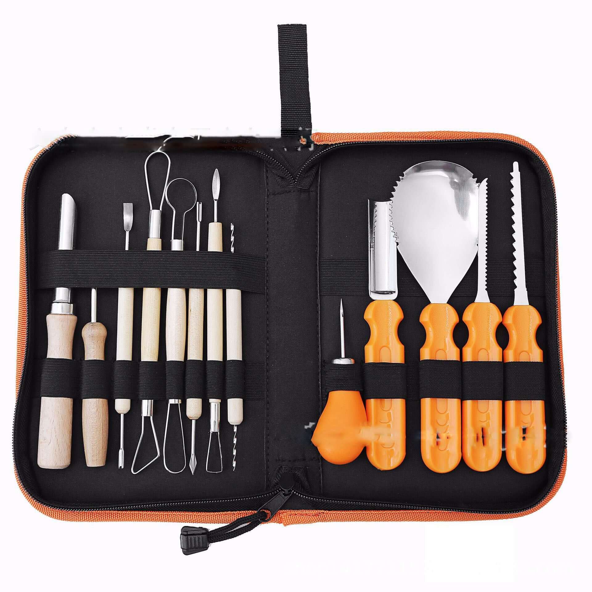 Carving and sculpting kitchen utensil set with wooden and orange handles in a zippered case