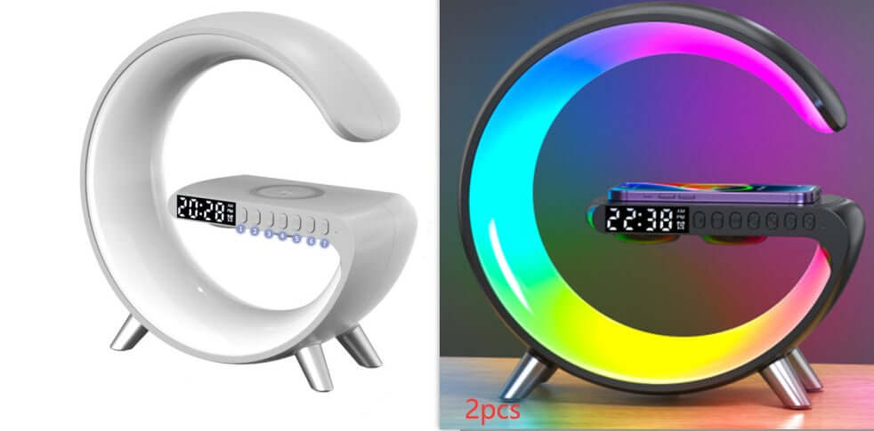 Modern G-shaped LED alarm clock with wireless charging and digital display, two color options