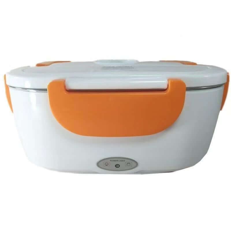 Electric lunch box with orange handles for portable heated food storage
