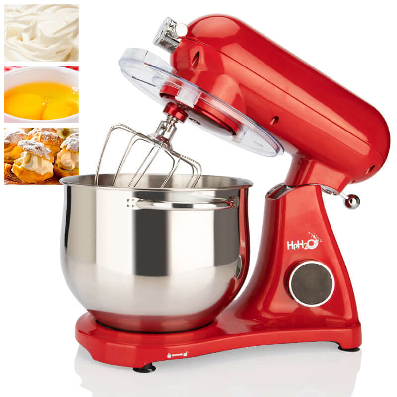 Red stand mixer with stainless steel bowl, cake ingredients, and desserts