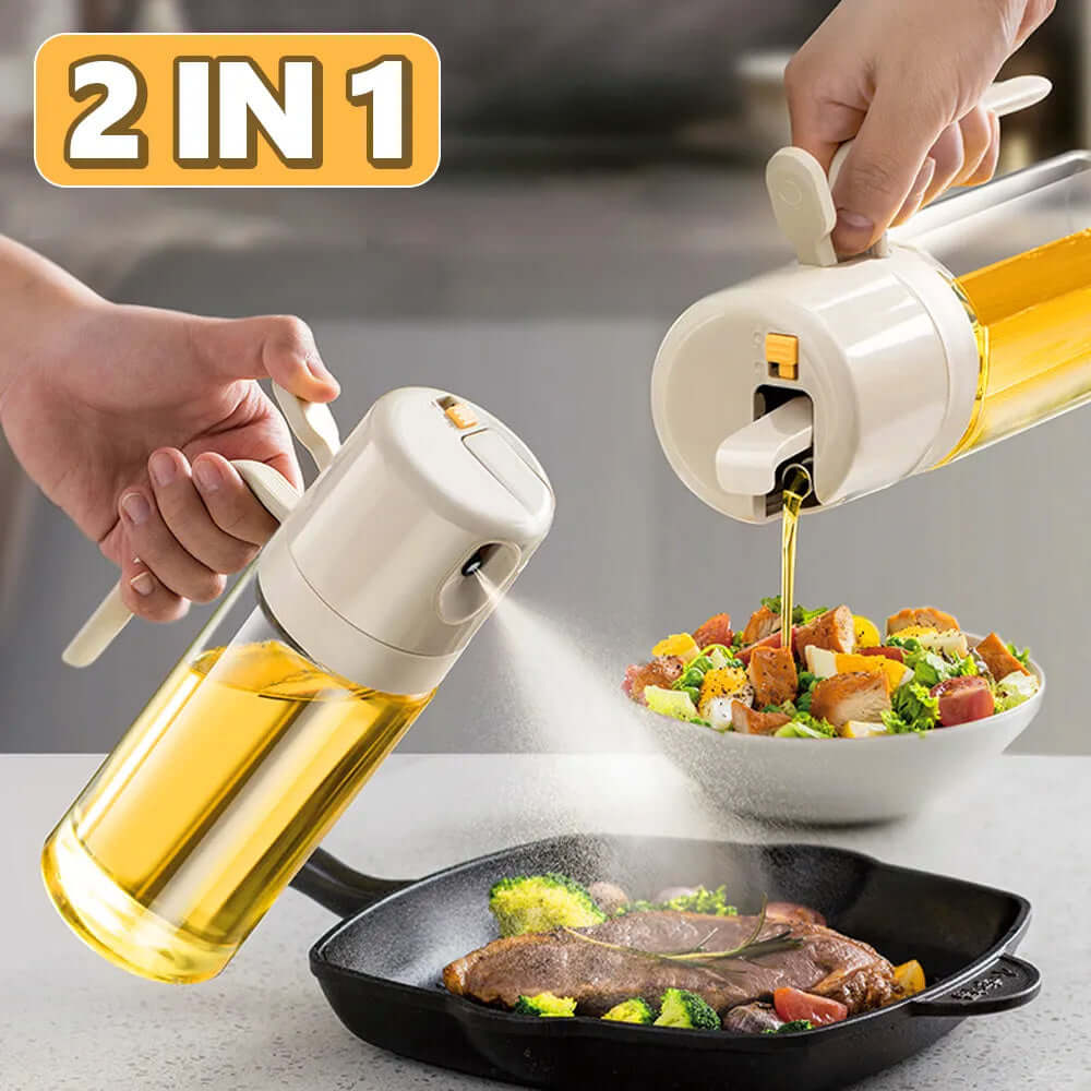 2-in-1 oil sprayer and dispenser used for cooking and salad, kitchen accessory