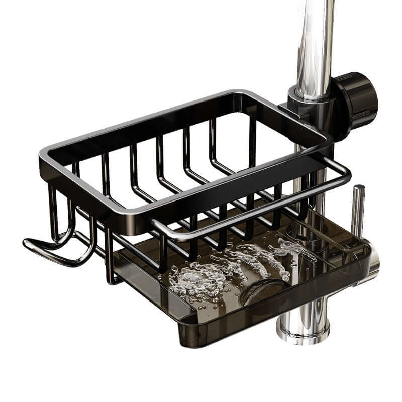 Black kitchen sink caddy organizer attached to faucet with drain tray and utensil hooks