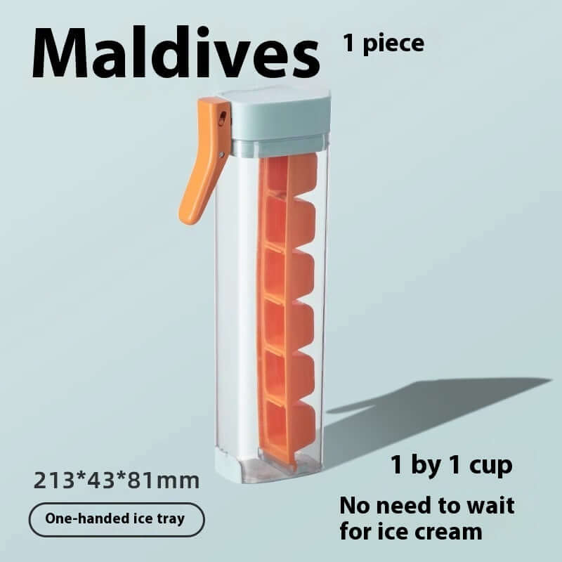 Transparent one-handed ice cube tray with orange handle and ice compartments, kitchen accessory